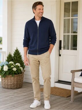 L.L.Bean 100% Cotton Full Zip Sweater M Navy Mock Neck Golf Quiet Luxury